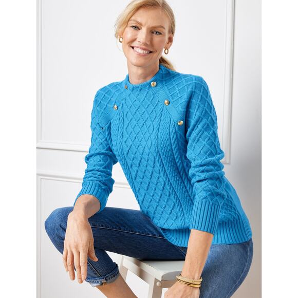 Talbots Sweaters - Talbots Women's Blue Mockneck Raglan Sleeve Cable Knit Sweater Size Large NWT